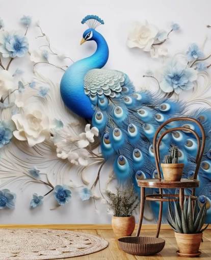 blå och vit påfågel tapetväggmålning kallad Blue Peacock Flowers för kök, sovrum och vardagsrum