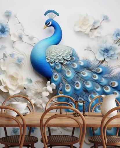 carta da parati murale con pavone blu e bianco chiamato Blue Peacock Flowers per cucine, camere da letto e salotti
