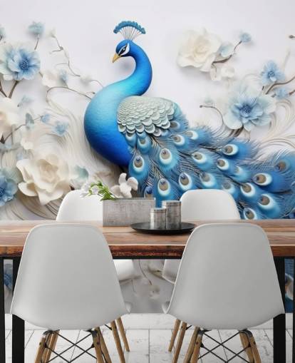 mural de papel pintado de pavo real azul y blanco llamado Blue Peacock Flowers para cocinas, dormitorios y salas de estar
