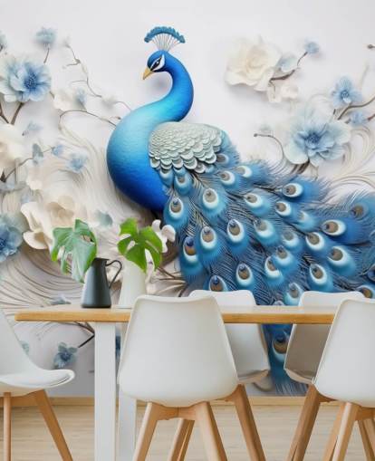 blauw-witte pauw behangmuurschildering genaamd Blue Peacock Flowers voor keukens, slaapkamers en woonkamers