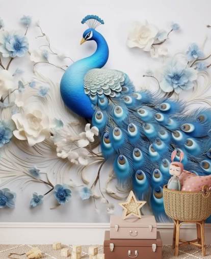 blue and white peacock wallpaper mural called Blue Peacock Flowers for kitchens, bedrooms and living rooms blue and white peacock wallpaper mural called Blue Peacock Flowers for kitchens, bedrooms and living rooms