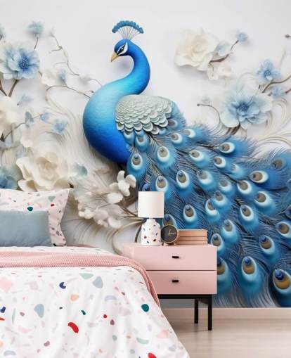 mural de papel pintado de pavo real azul y blanco llamado Blue Peacock Flowers para cocinas, dormitorios y salas de estar