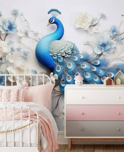 blue and white peacock wallpaper mural called Blue Peacock Flowers for kitchens, bedrooms and living rooms