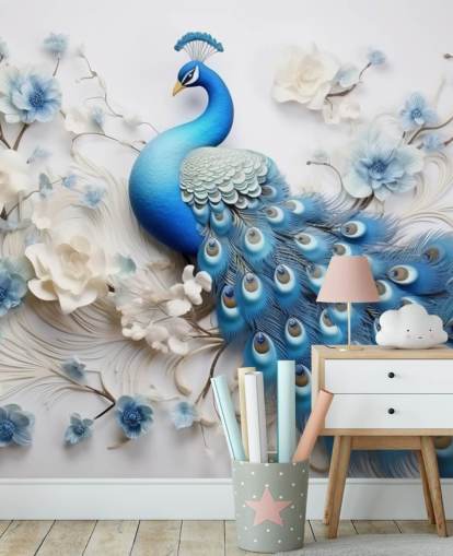 mural de papel de parede de pavão azul e branco chamado Blue Peacock Flowers para cozinhas, quartos e salas de estar