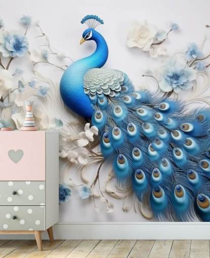blå och vit påfågel tapetväggmålning kallad Blue Peacock Flowers för kök, sovrum och vardagsrum