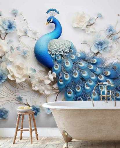 blå og hvid påfugl tapetmaleri kaldet Blue Peacock Flowers til køkkener, soveværelser og stuer blå og hvid påfugl tapetmaleri kaldet Blue Peacock Flowers til køkkener, soveværelser og stuer