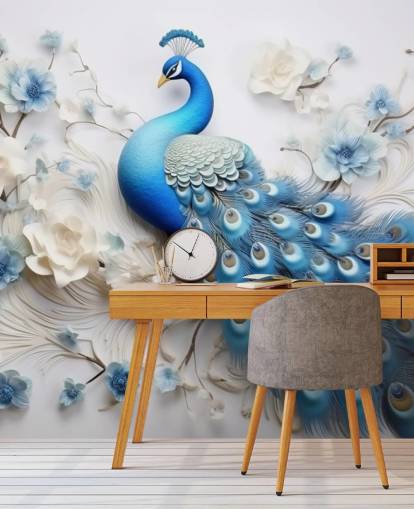 mural de papel de parede de pavão azul e branco chamado Blue Peacock Flowers para cozinhas, quartos e salas de estar