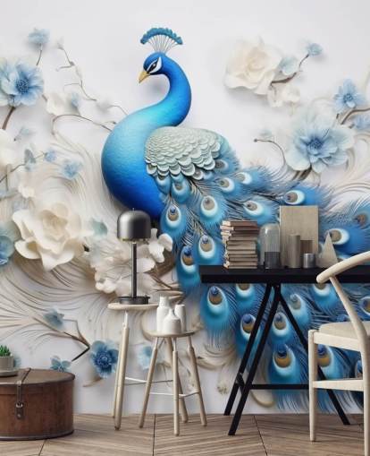 blue and white peacock wallpaper mural called Blue Peacock Flowers for kitchens, bedrooms and living rooms blue and white peacock wallpaper mural called Blue Peacock Flowers for kitchens, bedrooms and living rooms