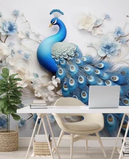 blå og hvid påfugl tapetmaleri kaldet Blue Peacock Flowers til køkkener, soveværelser og stuer