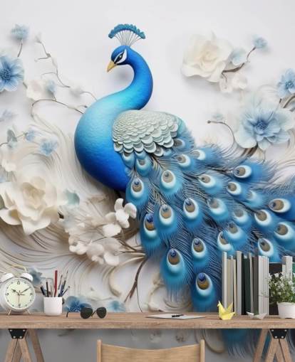 mural de papel pintado de pavo real azul y blanco llamado Blue Peacock Flowers para cocinas, dormitorios y salas de estar