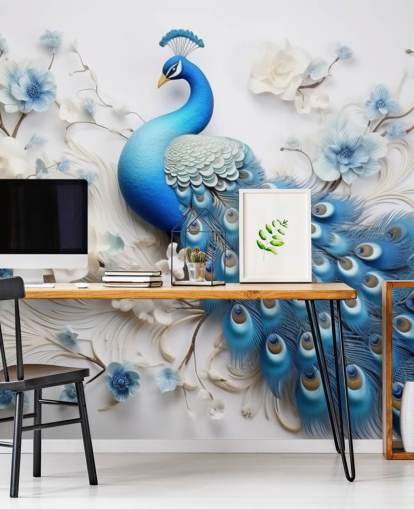 papier peint mural de paon bleu et blanc appelé Blue Peacock Flowers pour les cuisines, les chambres et les salons papier peint mural de paon bleu et blanc appelé Blue Peacock Flowers pour les cuisines, les chambres et les salons
