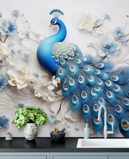 mural de papel pintado de pavo real azul y blanco llamado Blue Peacock Flowers para cocinas, dormitorios y salas de estar mural de papel pintado de pavo real azul y blanco llamado Blue Peacock Flowers para cocinas, dormitorios y salas de estar