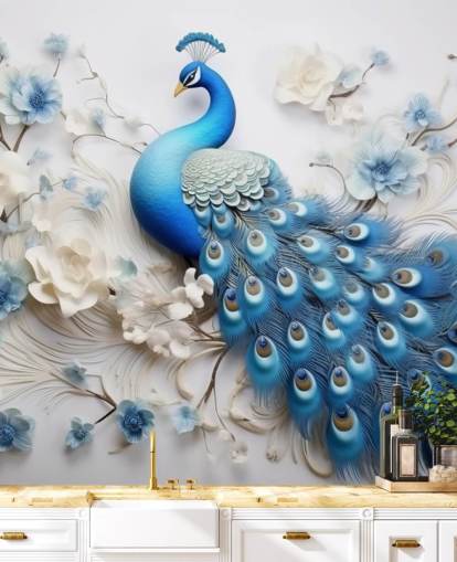 blauw-witte pauw behangmuurschildering genaamd Blue Peacock Flowers voor keukens, slaapkamers en woonkamers blauw-witte pauw behangmuurschildering genaamd Blue Peacock Flowers voor keukens, slaapkamers en woonkamers