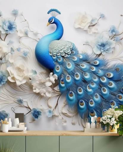 blauw-witte pauw behangmuurschildering genaamd Blue Peacock Flowers voor keukens, slaapkamers en woonkamers