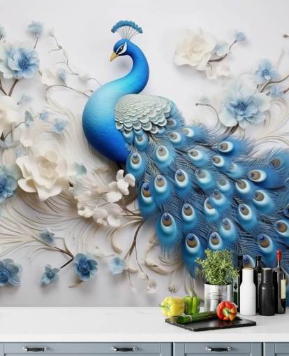 carta da parati murale con pavone blu e bianco chiamato Blue Peacock Flowers per cucine, camere da letto e salotti carta da parati murale con pavone blu e bianco chiamato Blue Peacock Flowers per cucine, camere da letto e salotti