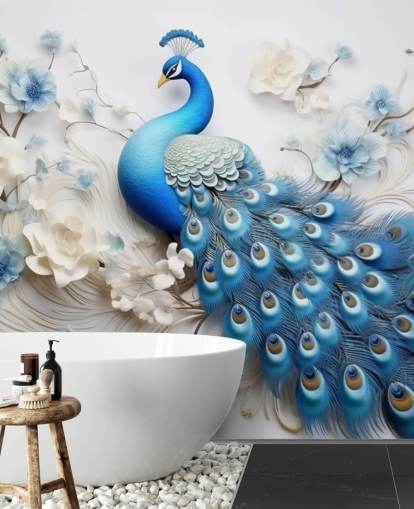 mural de papel pintado de pavo real azul y blanco llamado Blue Peacock Flowers para cocinas, dormitorios y salas de estar mural de papel pintado de pavo real azul y blanco llamado Blue Peacock Flowers para cocinas, dormitorios y salas de estar