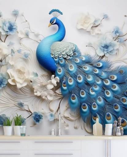 mural de papel pintado de pavo real azul y blanco llamado Blue Peacock Flowers para cocinas, dormitorios y salas de estar