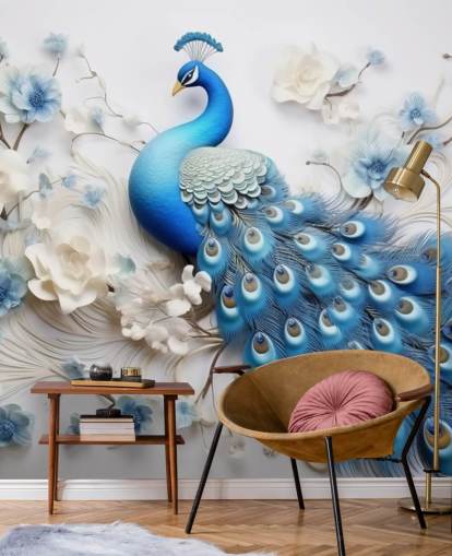 blue and white peacock wallpaper mural called Blue Peacock Flowers for kitchens, bedrooms and living rooms