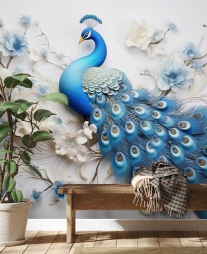 blue and white peacock wallpaper mural called Blue Peacock Flowers for kitchens, bedrooms and living rooms