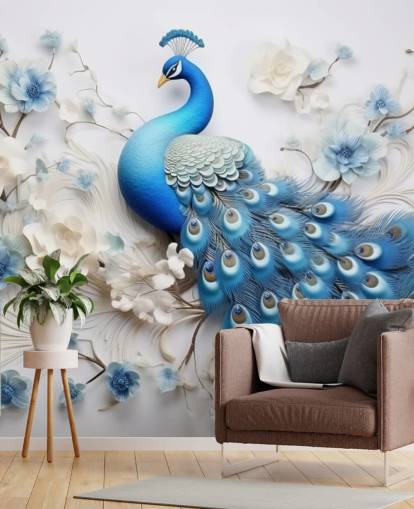 papier peint mural de paon bleu et blanc appelé Blue Peacock Flowers pour les cuisines, les chambres et les salons