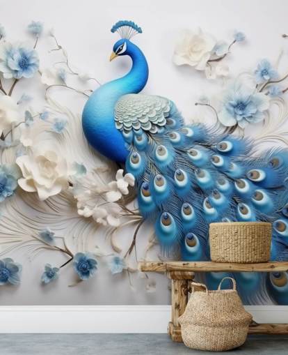 blå og hvit påfugl tapet veggmaleri kalt Blue Peacock Flowers for kjøkken, soverom og stuer blå og hvit påfugl tapet veggmaleri kalt Blue Peacock Flowers for kjøkken, soverom og stuer