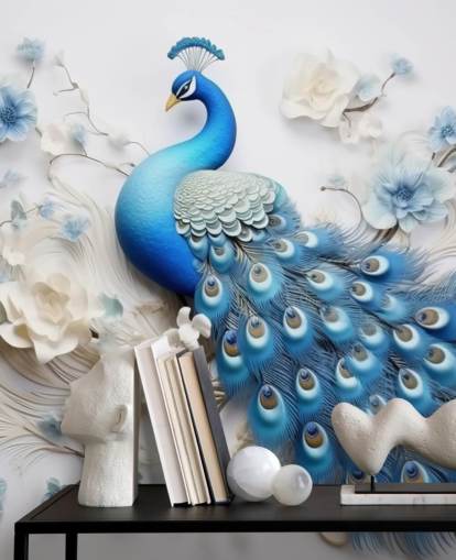 carta da parati murale con pavone blu e bianco chiamato Blue Peacock Flowers per cucine, camere da letto e salotti carta da parati murale con pavone blu e bianco chiamato Blue Peacock Flowers per cucine, camere da letto e salotti