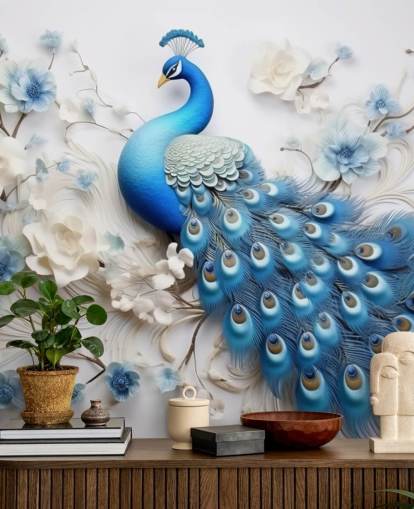 mural de papel pintado de pavo real azul y blanco llamado Blue Peacock Flowers para cocinas, dormitorios y salas de estar