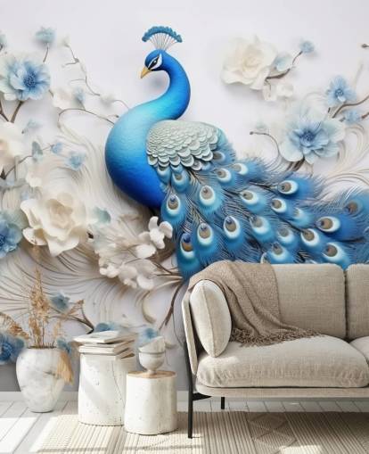 blå och vit påfågel tapetväggmålning kallad Blue Peacock Flowers för kök, sovrum och vardagsrum blå och vit påfågel tapetväggmålning kallad Blue Peacock Flowers för kök, sovrum och vardagsrum