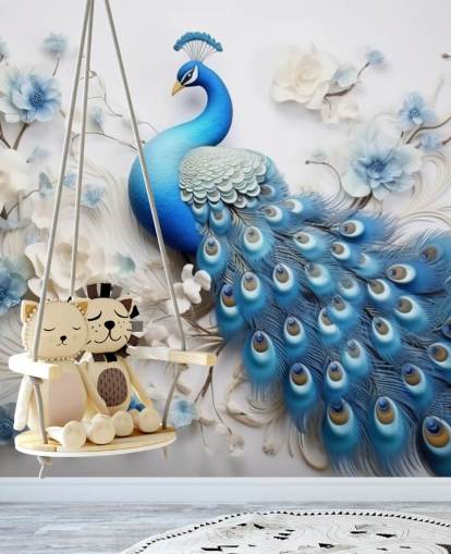 papier peint mural de paon bleu et blanc appelé Blue Peacock Flowers pour les cuisines, les chambres et les salons