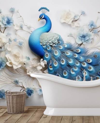 papier peint mural de paon bleu et blanc appelé Blue Peacock Flowers pour les cuisines, les chambres et les salons