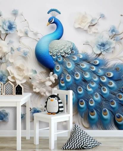 blue and white peacock wallpaper mural called Blue Peacock Flowers for kitchens, bedrooms and living rooms