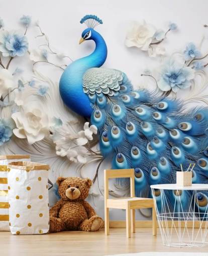 blau-weiße Pfauentapete namens Blue Peacock Flowers für Küchen, Schlafzimmer und Wohnzimmer