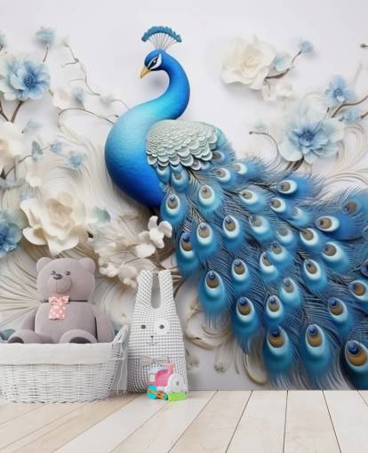 sininen ja valkoinen riikinkukko-taustakuvamaalaus nimeltä Blue Peacock Flowers keittiöihin, makuuhuoneisiin ja olohuoneisiin