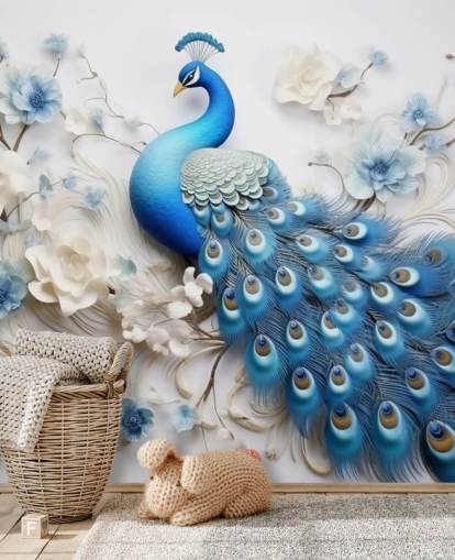 blue and white peacock wallpaper mural called Blue Peacock Flowers for kitchens, bedrooms and living rooms