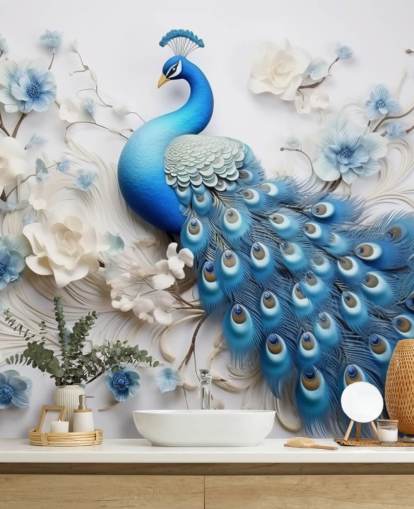 blau-weiße Pfauentapete namens Blue Peacock Flowers für Küchen, Schlafzimmer und Wohnzimmer