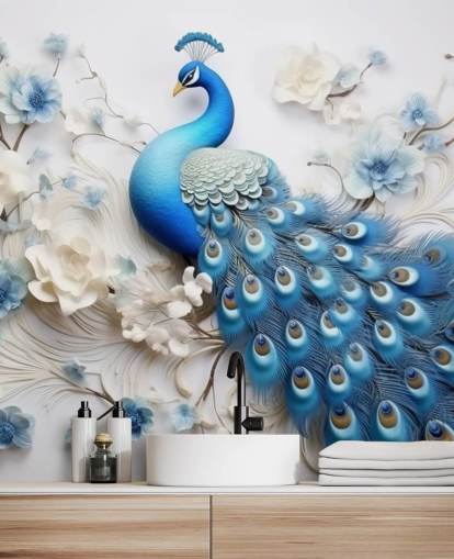 mural de papel pintado de pavo real azul y blanco llamado Blue Peacock Flowers para cocinas, dormitorios y salas de estar