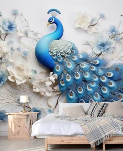 mural de papel pintado de pavo real azul y blanco llamado Blue Peacock Flowers para cocinas, dormitorios y salas de estar
