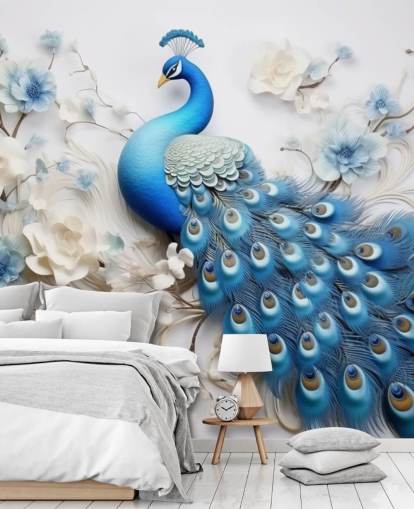 blue and white peacock wallpaper mural called Blue Peacock Flowers for kitchens, bedrooms and living rooms
