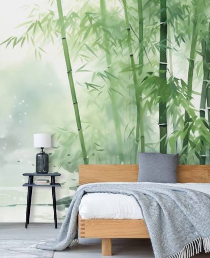 mural de papel pintado de bambú personalizado de color verde oscuro y blanco llamado Bamboo Watercolour para dormitorios, oficinas en casa y más