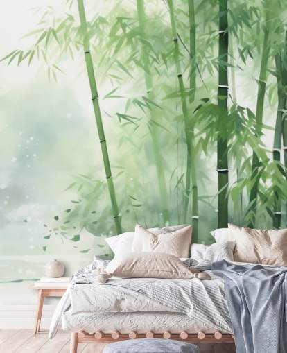 mørkegrøn og hvid brugerdefineret bambus tapetmaleri kaldet Bamboo Watercolour til soveværelser, hjemmekontorer og mere