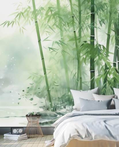 mural de papel de parede de bambu personalizado verde escuro e branco chamado Bamboo Watercolour para quartos, escritórios domésticos e muito mais