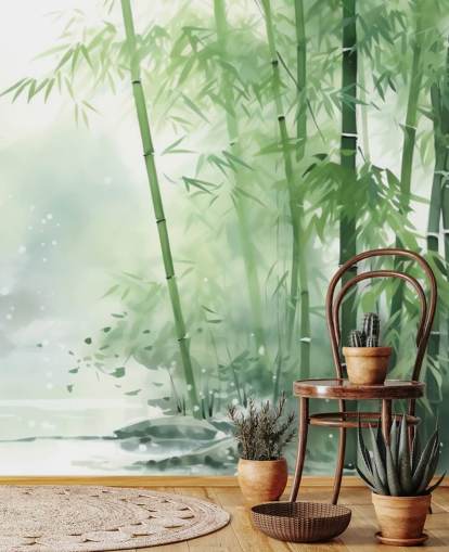 dark green and white custom bamboo wallpaper mural called Bamboo Watercolour for bedrooms, home offices and more
