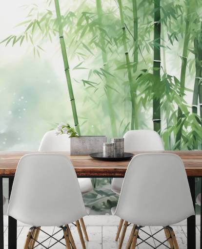 mural de papel de parede de bambu personalizado verde escuro e branco chamado Bamboo Watercolour para quartos, escritórios domésticos e muito mais