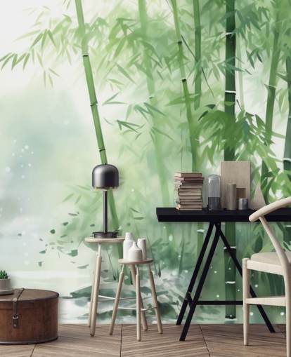 mural de papel pintado de bambú personalizado de color verde oscuro y blanco llamado Bamboo Watercolour para dormitorios, oficinas en casa y más