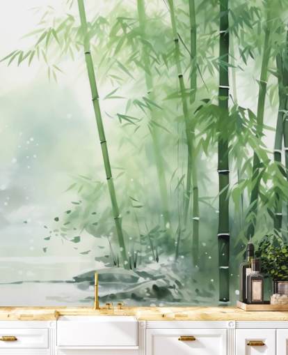 mörkgrön och vit anpassad bambu tapetväggmålning kallad Bamboo Watercolour för sovrum, hemmakontor och mer
