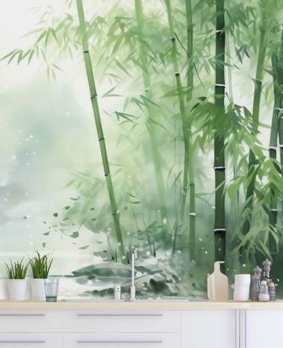 carta da parati murale personalizzata in bambù verde scuro e bianco chiamata Bamboo Watercolour per camere da letto, uffici domestici e altro