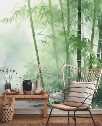 mural de papel pintado de bambú personalizado de color verde oscuro y blanco llamado Bamboo Watercolour para dormitorios, oficinas en casa y más