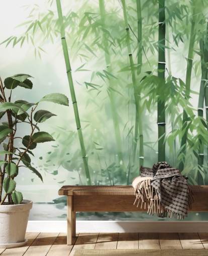 papier peint mural en bambou personnalisé vert foncé et blanc appelé Bamboo Watercolour pour les chambres à coucher, les bureaux à domicile et plus encore papier peint mural en bambou personnalisé vert foncé et blanc appelé Bamboo Watercolour pour les chambres à coucher, les bureaux à domicile et plus encore