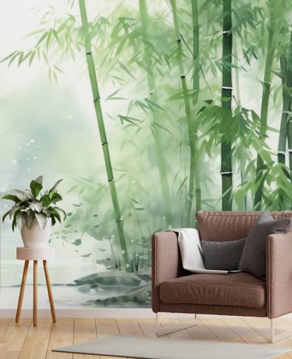 dark green and white custom bamboo wallpaper mural called Bamboo Watercolour for bedrooms, home offices and more