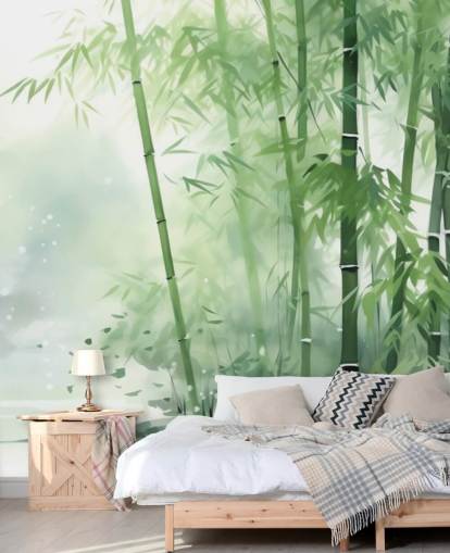 dark green and white custom bamboo wallpaper mural called Bamboo Watercolor for bedrooms, home offices and more